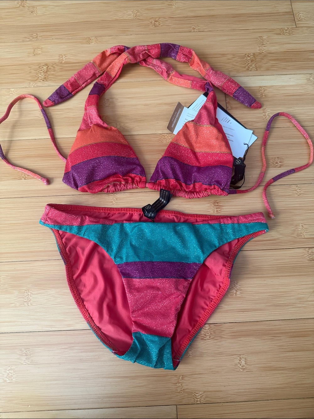 Striped Halter Bikini Set in Coral, Teal & Purple